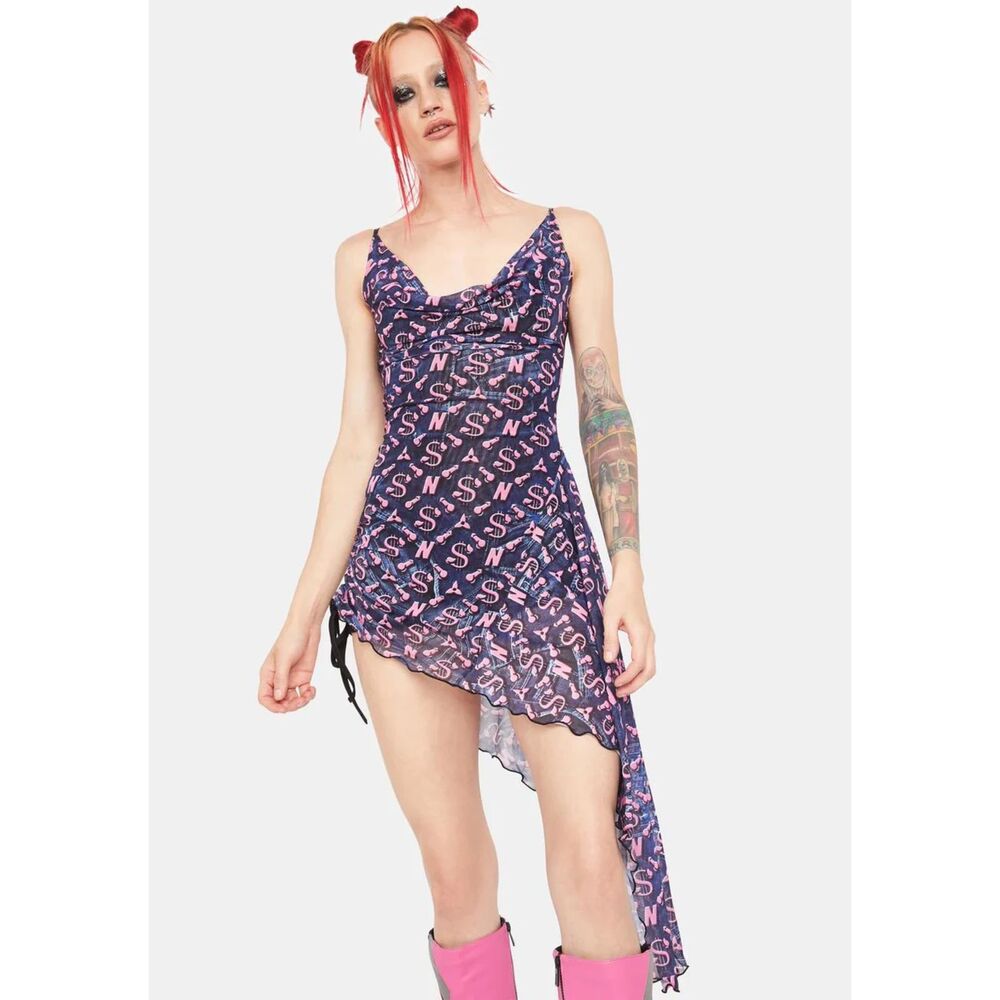 Namilia Women Size M Dick Monogram Waterfall Dress Mesh Asymmetric Ruched Mini